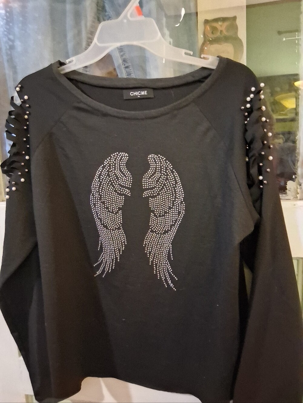chic Black Rhinestone Wing Sweatshirt with Studded Sleeves